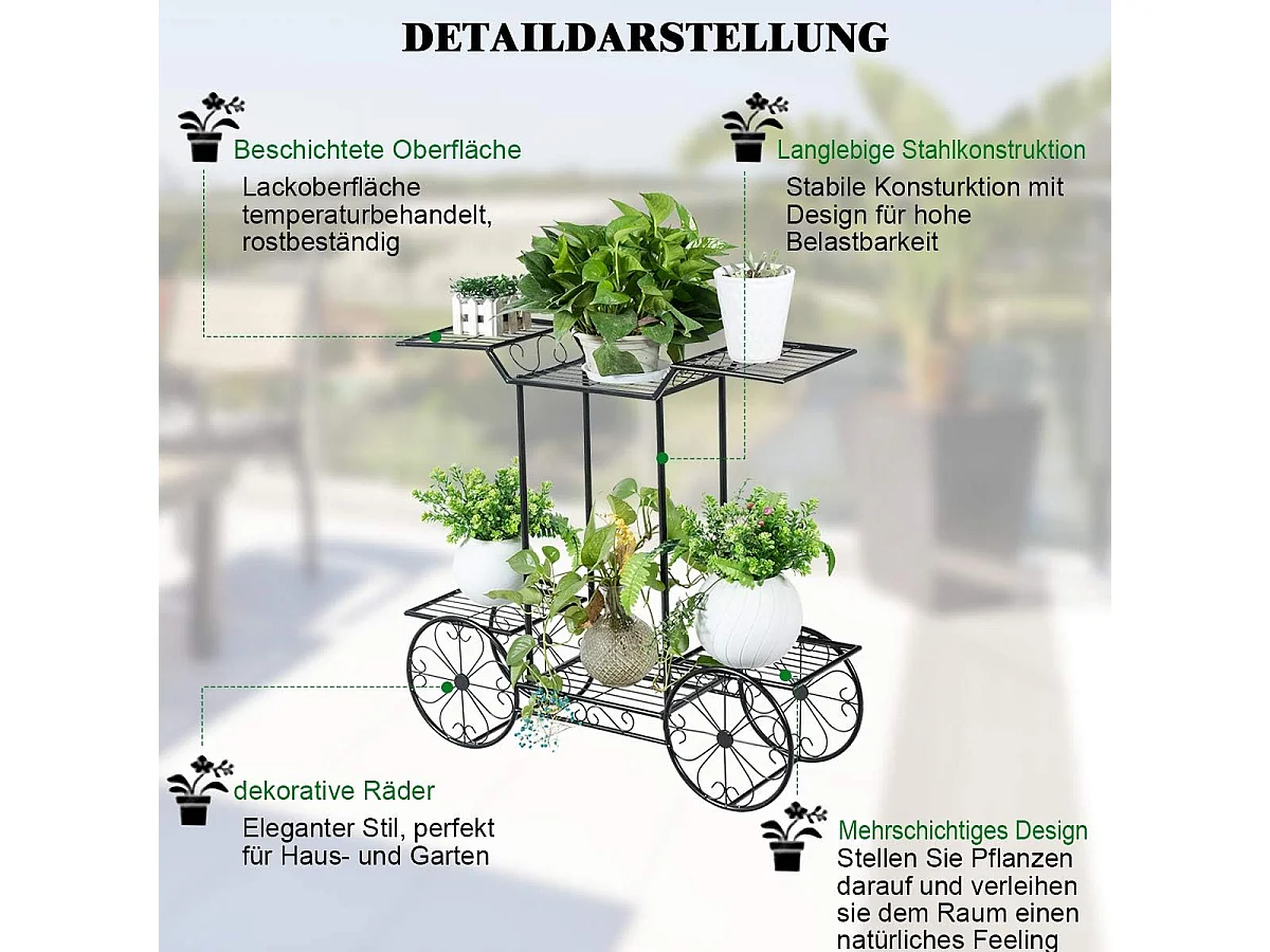 Plantenrek metaal, bloemenrek zwart, bloemenstandaard met 6 planken, plantenhouder voor binnen en buiten, plantenstandaard balkon tuin, vrijstaande bloemenwagen