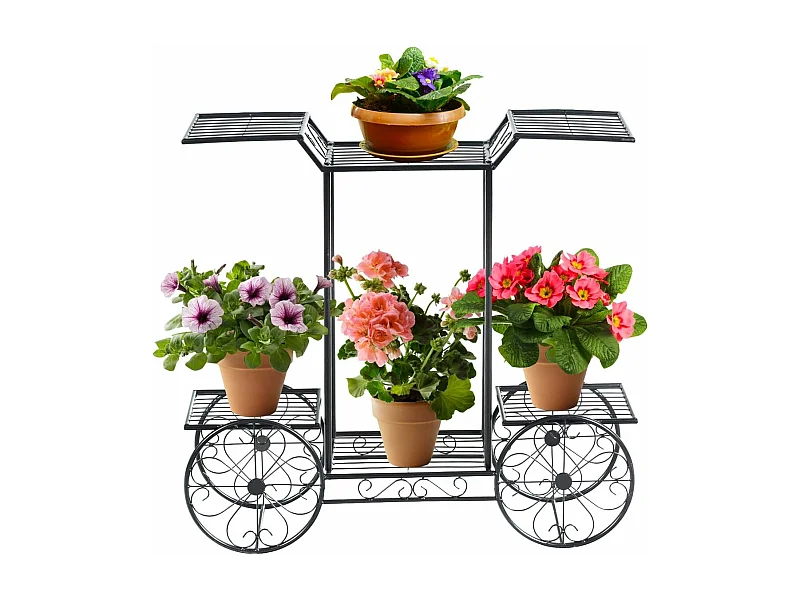 Plantenrek metaal, bloemenrek zwart, bloemenstandaard met 6 planken, plantenhouder voor binnen en buiten, plantenstandaard balkon tuin, vrijstaande bloemenwagen