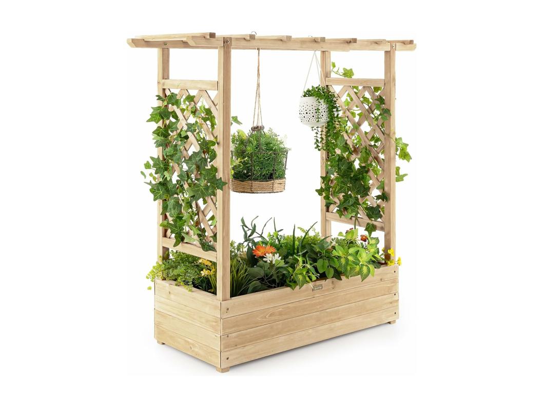 Verhoogd bloembed met rankrooster en hangend dak, plantenbak met klimhulp, bloembak voor klimplanten en hangende manden, voor tuin, binnenplaats, terras, plantenbak van hout, naturelSF5148