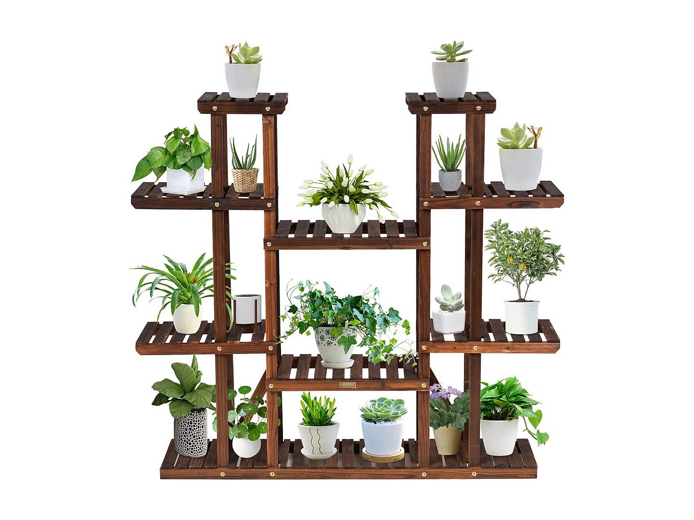 COSTWAY Plantenrek, bloemenrek, houten bloemenstandaard, bloementrap voor de tuin, meertraps plantenrek, houten rek (9 etages / 125x25x114 cm
