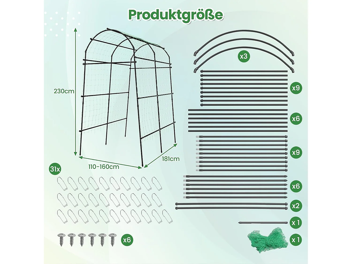 Tuinboog voor klimplanten, 230 cm hoog rankrooster met PE-gecoate metalen structuur, klimhulp, rozenboog, boog voor groenten, fruit, bloemen