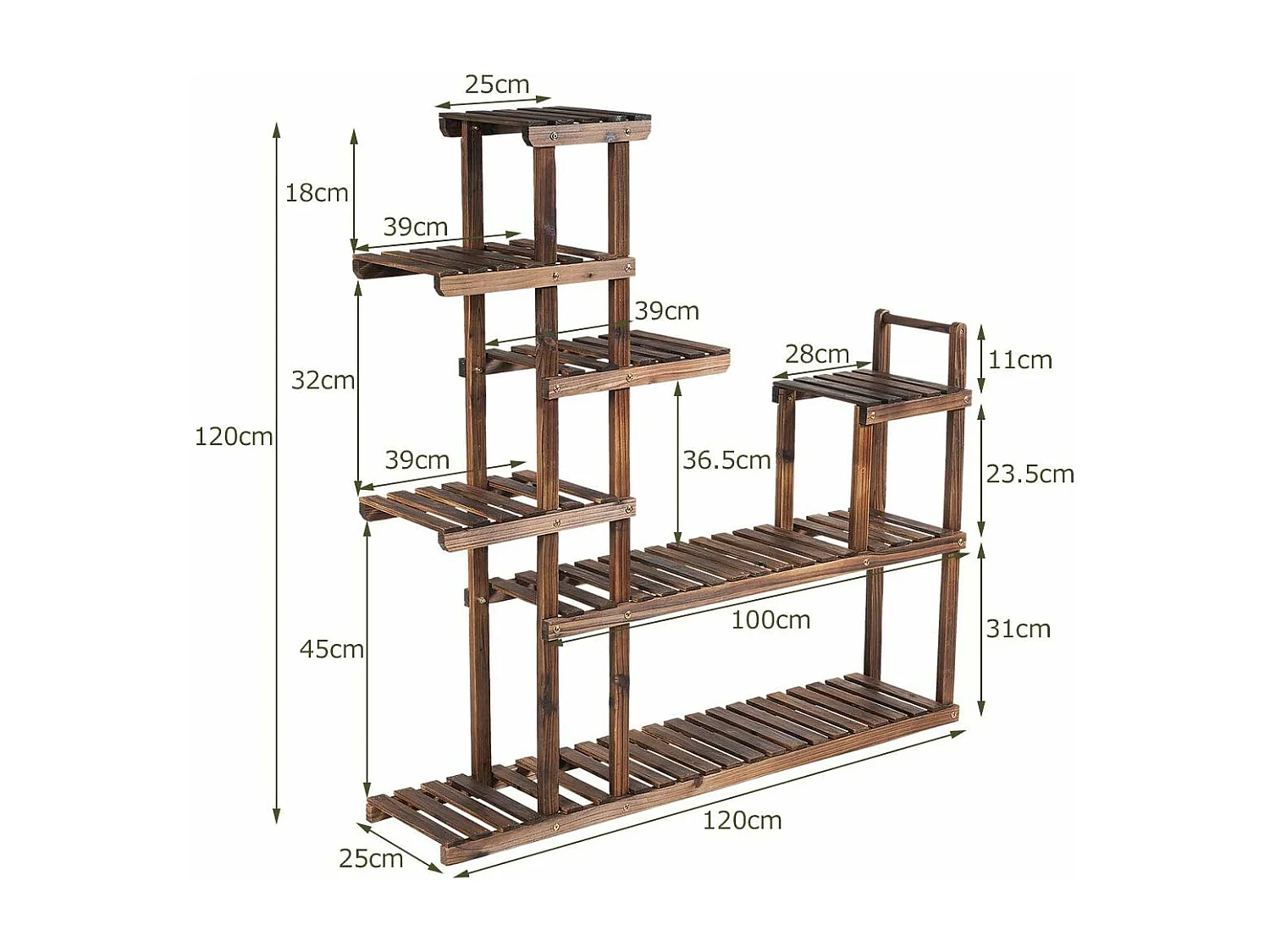 Plantenrek bloemenrek, bloemenstandaard hout, bloementrap tuin, plantentrap meerdere verdiepingen, houten rek (7 etages, 120 x 25 x 120 cm)