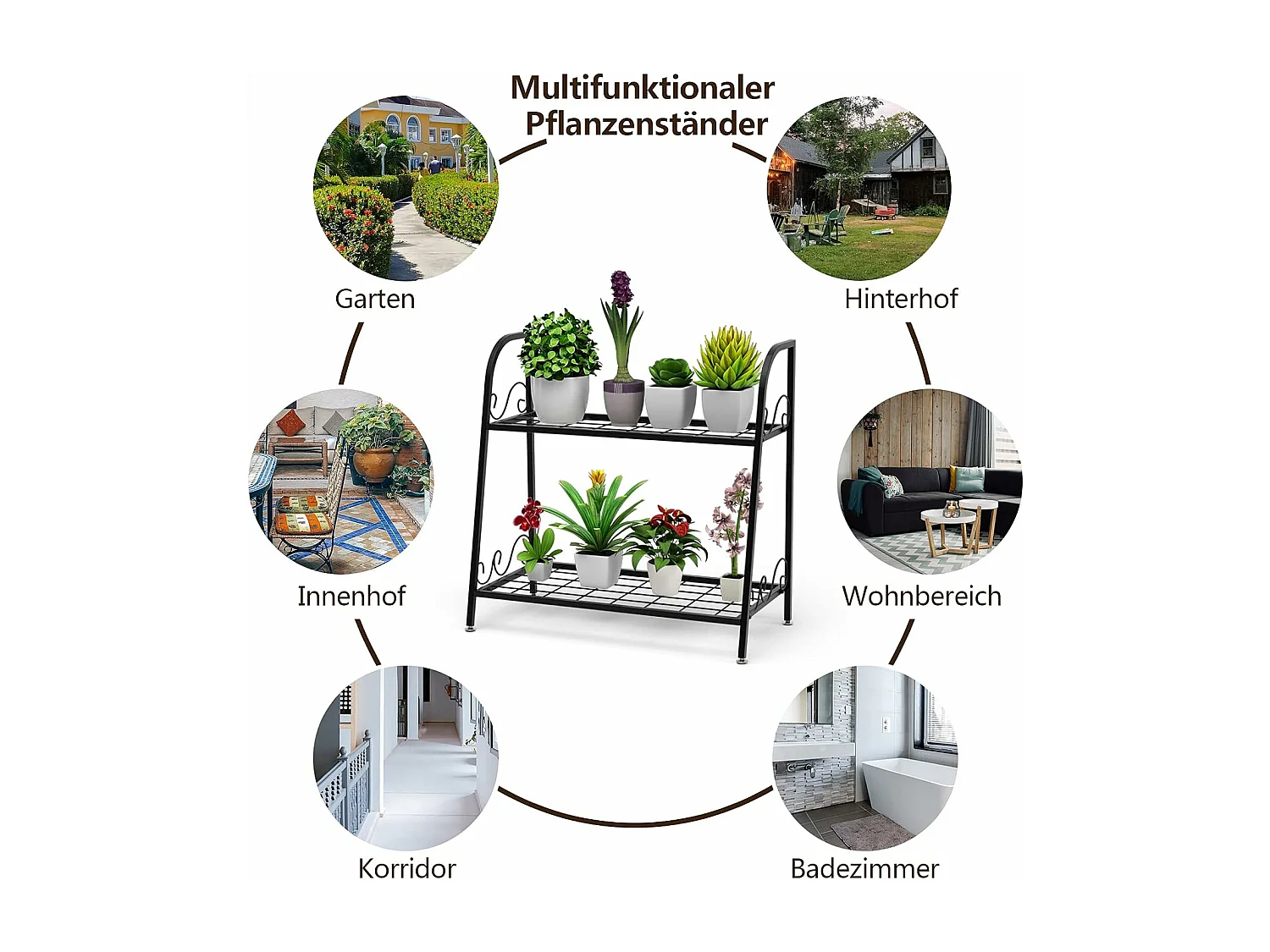 2-traps metalen plantenstandaard, multifunctioneel plantenrek, tentoonstellingsrek, voor binnen en buiten, plantenrek, bloemenrek voor terras, tuin, balkon