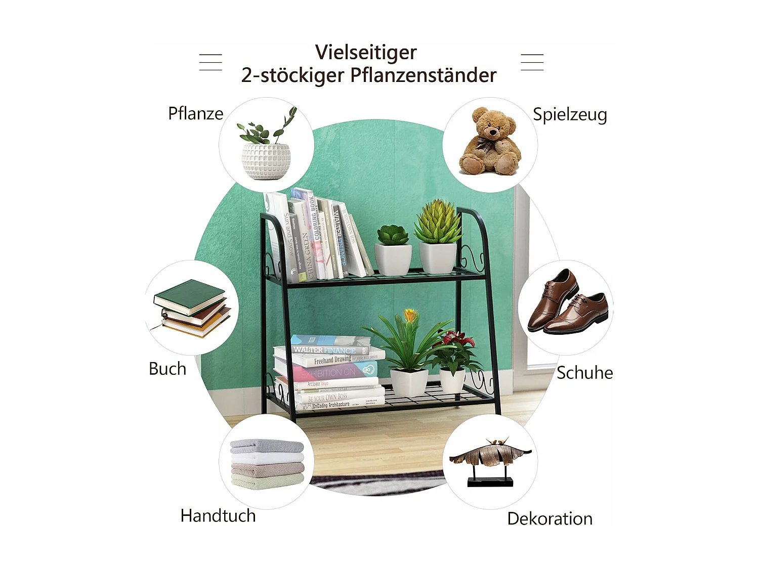 2-traps metalen plantenstandaard, multifunctioneel plantenrek, tentoonstellingsrek, voor binnen en buiten, plantenrek, bloemenrek voor terras, tuin, balkon