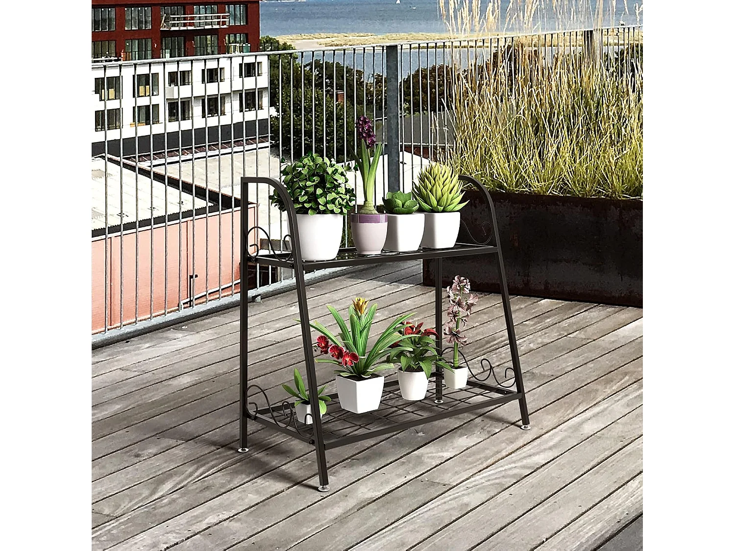 2-traps metalen plantenstandaard, multifunctioneel plantenrek, tentoonstellingsrek, voor binnen en buiten, plantenrek, bloemenrek voor terras, tuin, balkon
