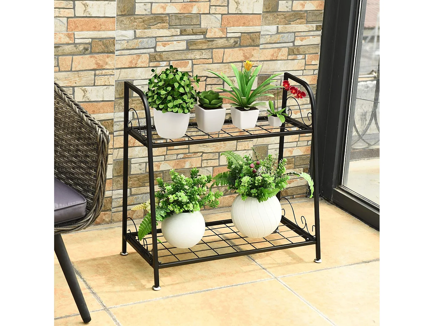 2-traps metalen plantenstandaard, multifunctioneel plantenrek, tentoonstellingsrek, voor binnen en buiten, plantenrek, bloemenrek voor terras, tuin, balkon