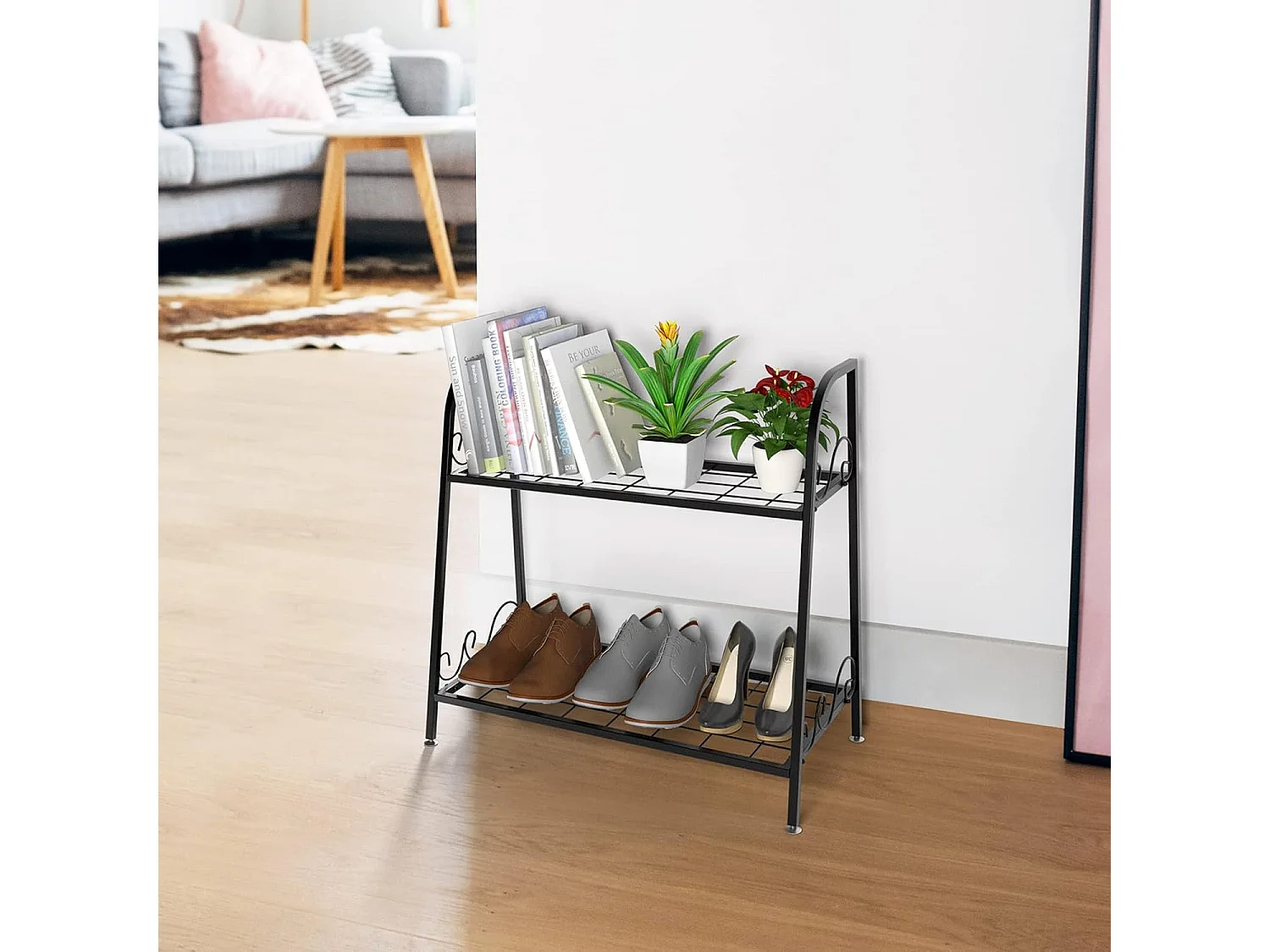 2-traps metalen plantenstandaard, multifunctioneel plantenrek, tentoonstellingsrek, voor binnen en buiten, plantenrek, bloemenrek voor terras, tuin, balkon