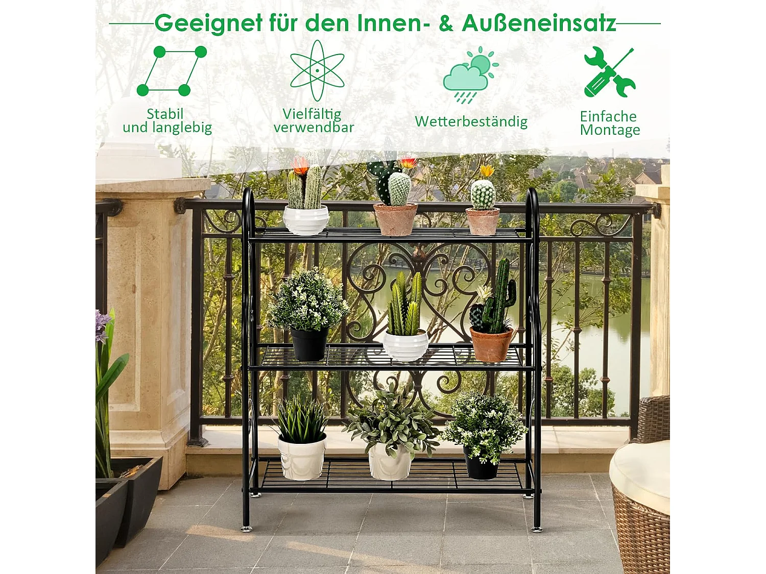 plantenstandaard metaal, bloementrap belastbaar tot 35 kg, plantenrek 3 tier voor binnen en buiten, zwart, 72 x 25 x 85 cm