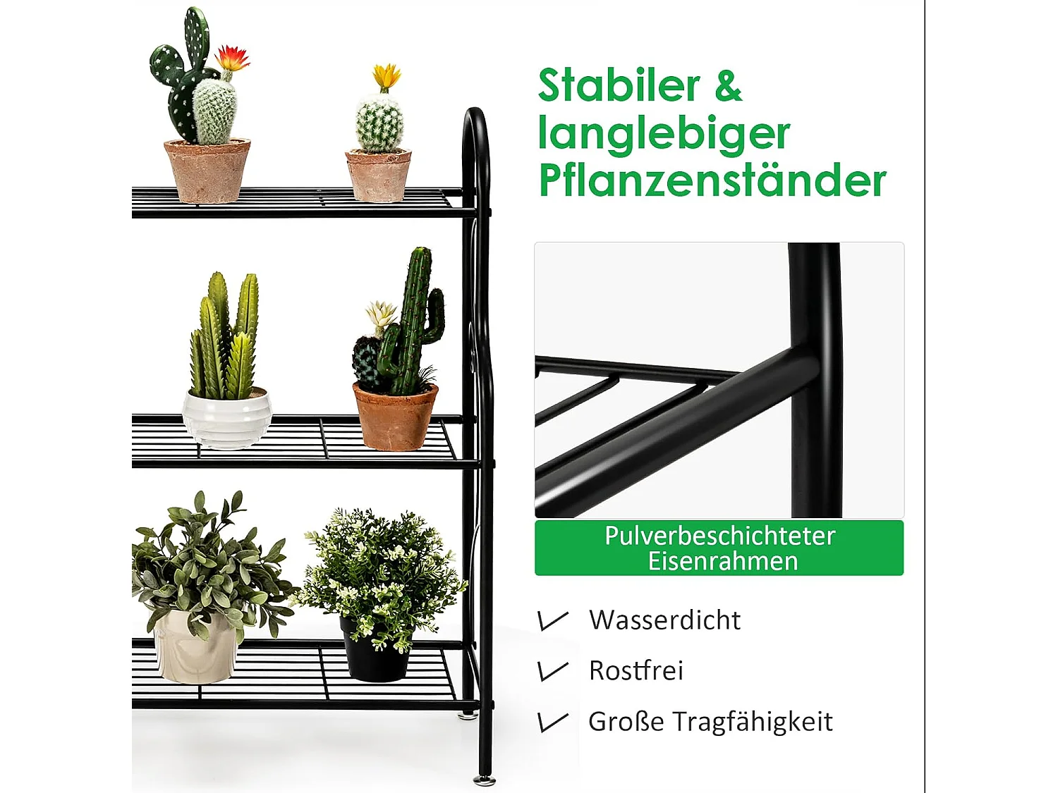 plantenstandaard metaal, bloementrap belastbaar tot 35 kg, plantenrek 3 tier voor binnen en buiten, zwart, 72 x 25 x 85 cm