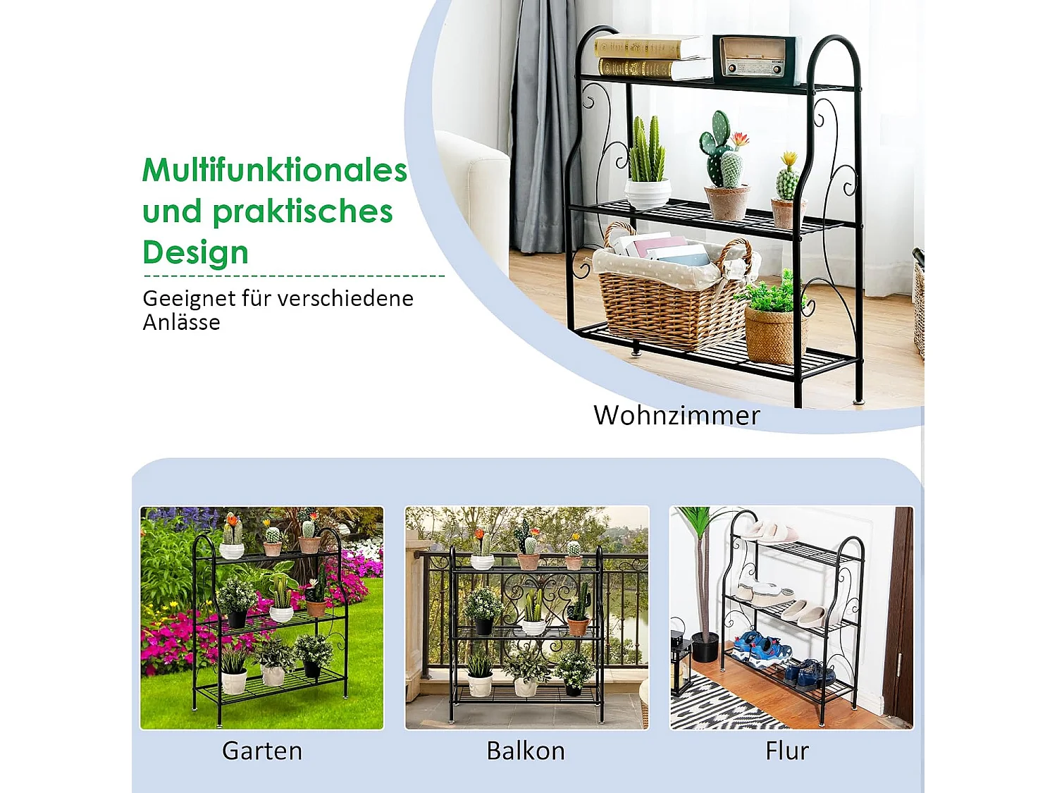plantenstandaard metaal, bloementrap belastbaar tot 35 kg, plantenrek 3 tier voor binnen en buiten, zwart, 72 x 25 x 85 cm