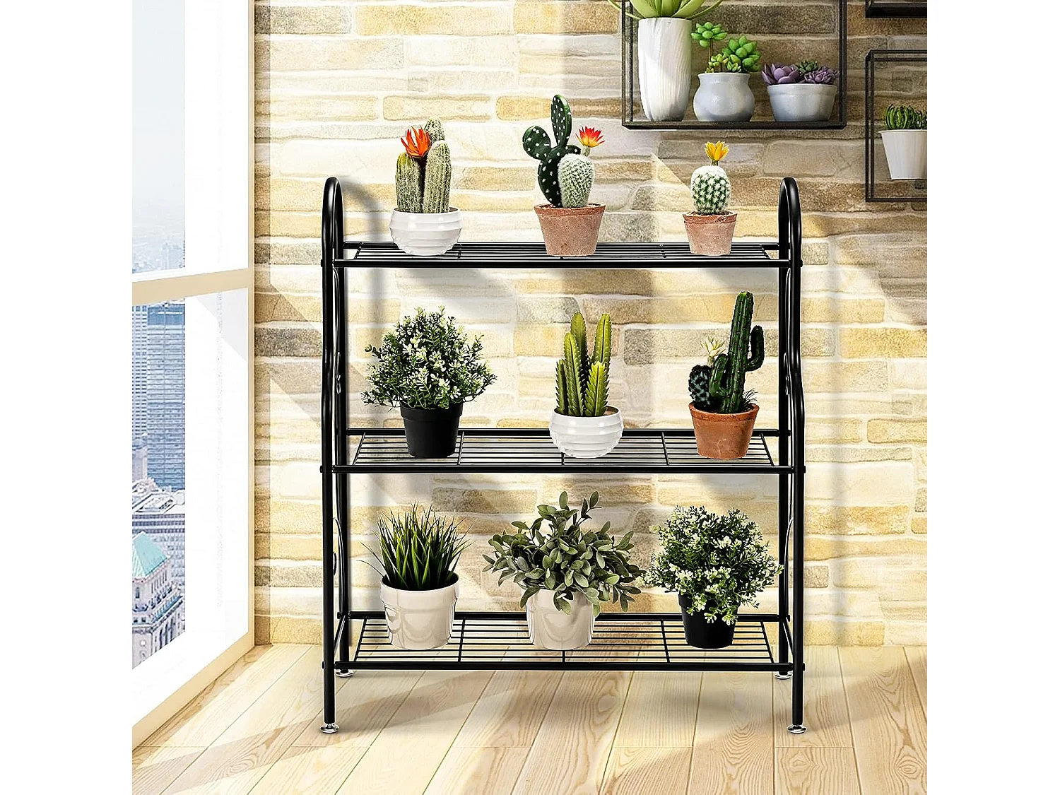plantenstandaard metaal, bloementrap belastbaar tot 35 kg, plantenrek 3 tier voor binnen en buiten, zwart, 72 x 25 x 85 cm