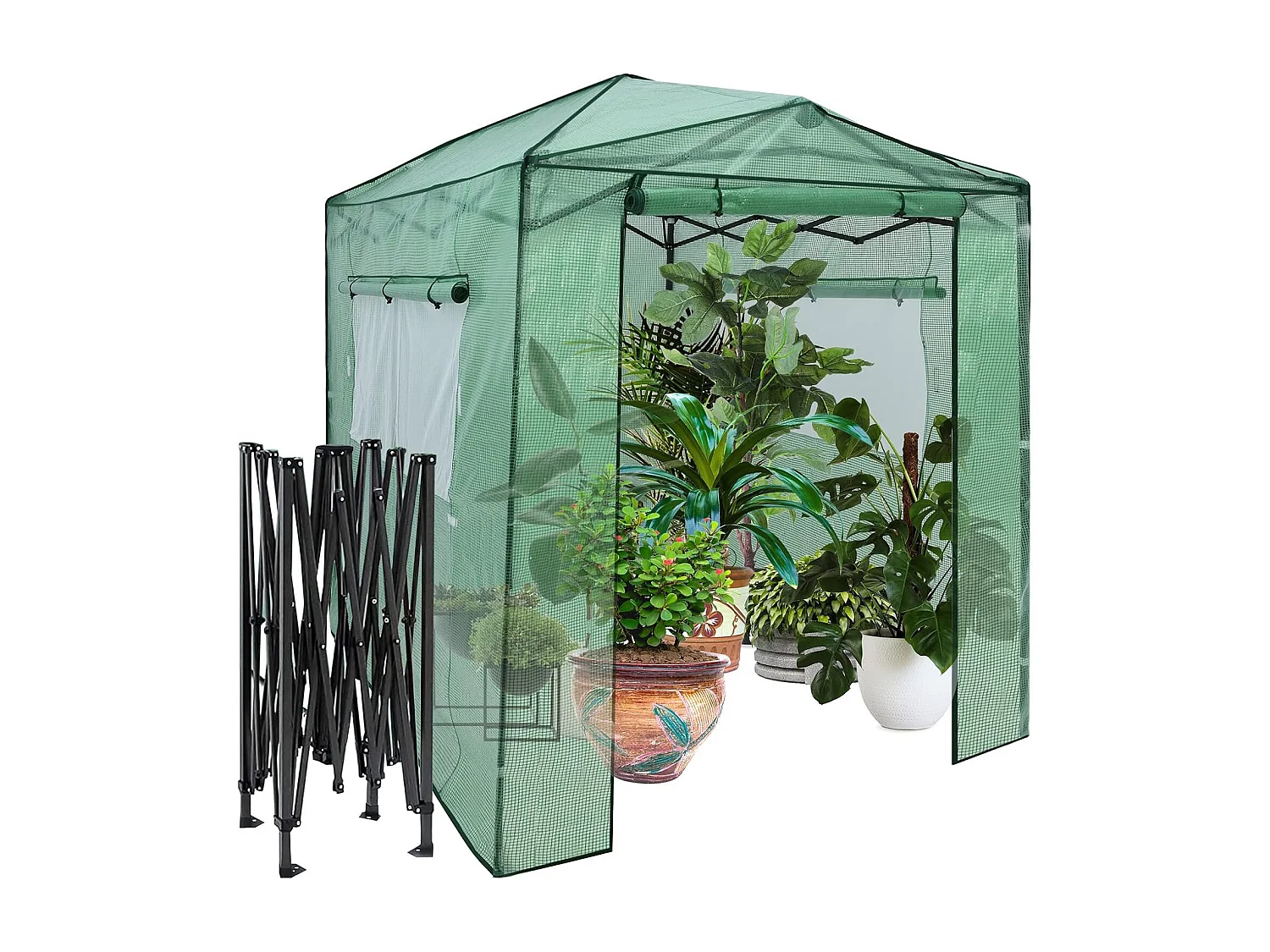 Broeikas foliekas, 180 x 250 x 230 cm, broeikas met oprolbare deur en 2 ramen, tomatenhuis met PE roosterfolie, plantenhuis tomaten, folietent, groenSF5785S