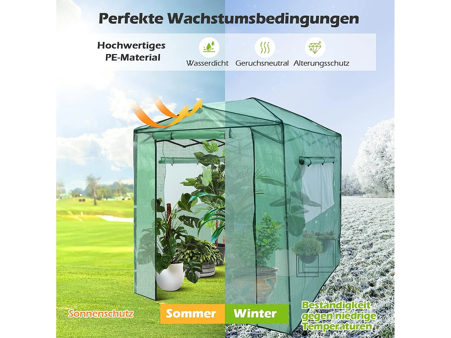 Broeikas foliekas, 180 x 250 x 230 cm, broeikas met oprolbare deur en 2 ramen, tomatenhuis met PE roosterfolie, plantenhuis tomaten, folietent, groenSF5785S