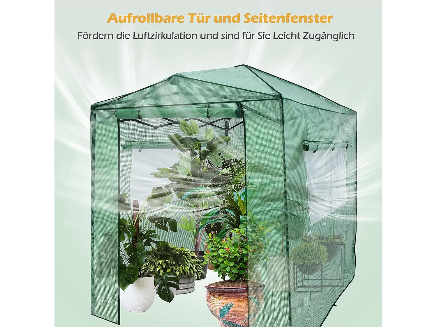 Broeikas foliekas, 180 x 250 x 230 cm, broeikas met oprolbare deur en 2 ramen, tomatenhuis met PE roosterfolie, plantenhuis tomaten, folietent, groenSF5785S