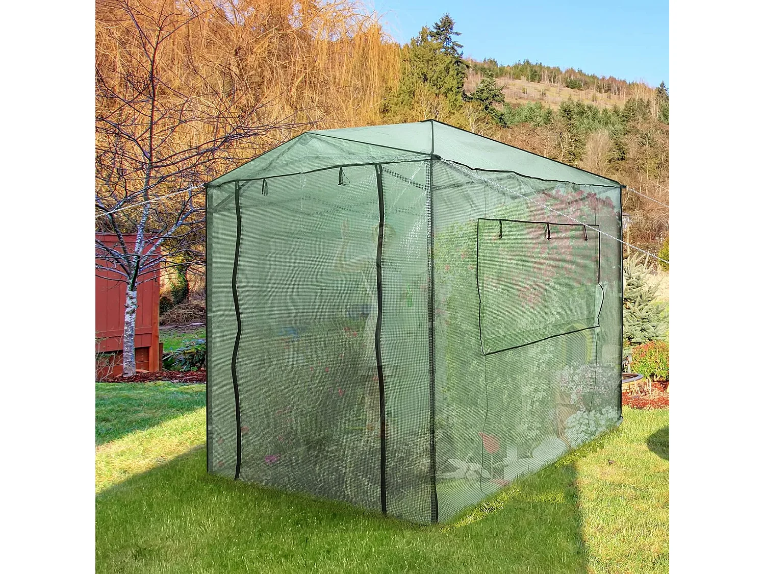 Broeikas foliekas, 180 x 250 x 230 cm, broeikas met oprolbare deur en 2 ramen, tomatenhuis met PE roosterfolie, plantenhuis tomaten, folietent, groenSF5785S