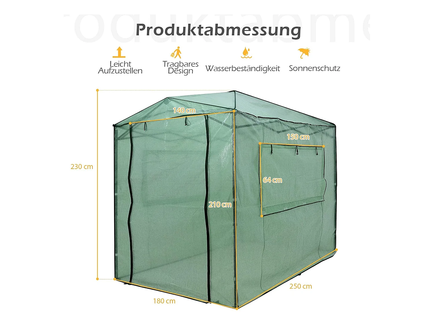 Broeikas foliekas, 180 x 250 x 230 cm, broeikas met oprolbare deur en 2 ramen, tomatenhuis met PE roosterfolie, plantenhuis tomaten, folietent, groenSF5785S