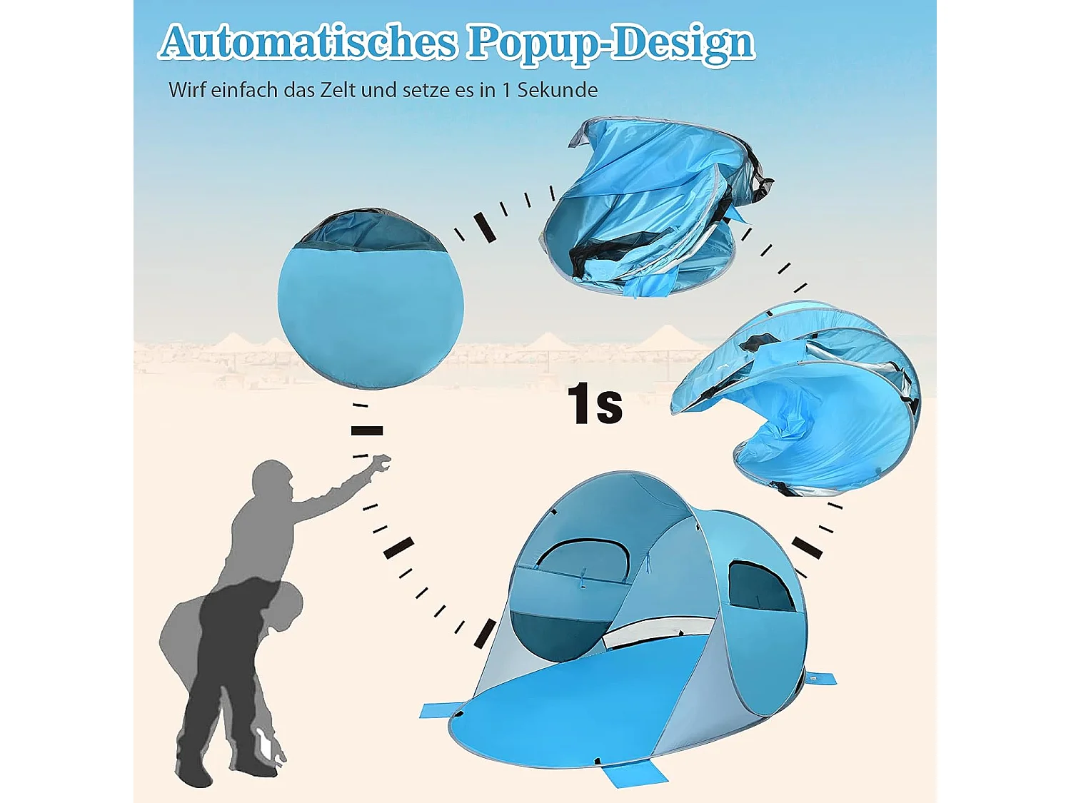 Pop-up strandschelptent voor 3-4 personen, zonwering, werptent met draagtas, 2 netramen en 4 zandzakken, automatisch, voor strand, tuin, camping, blauw SB33962