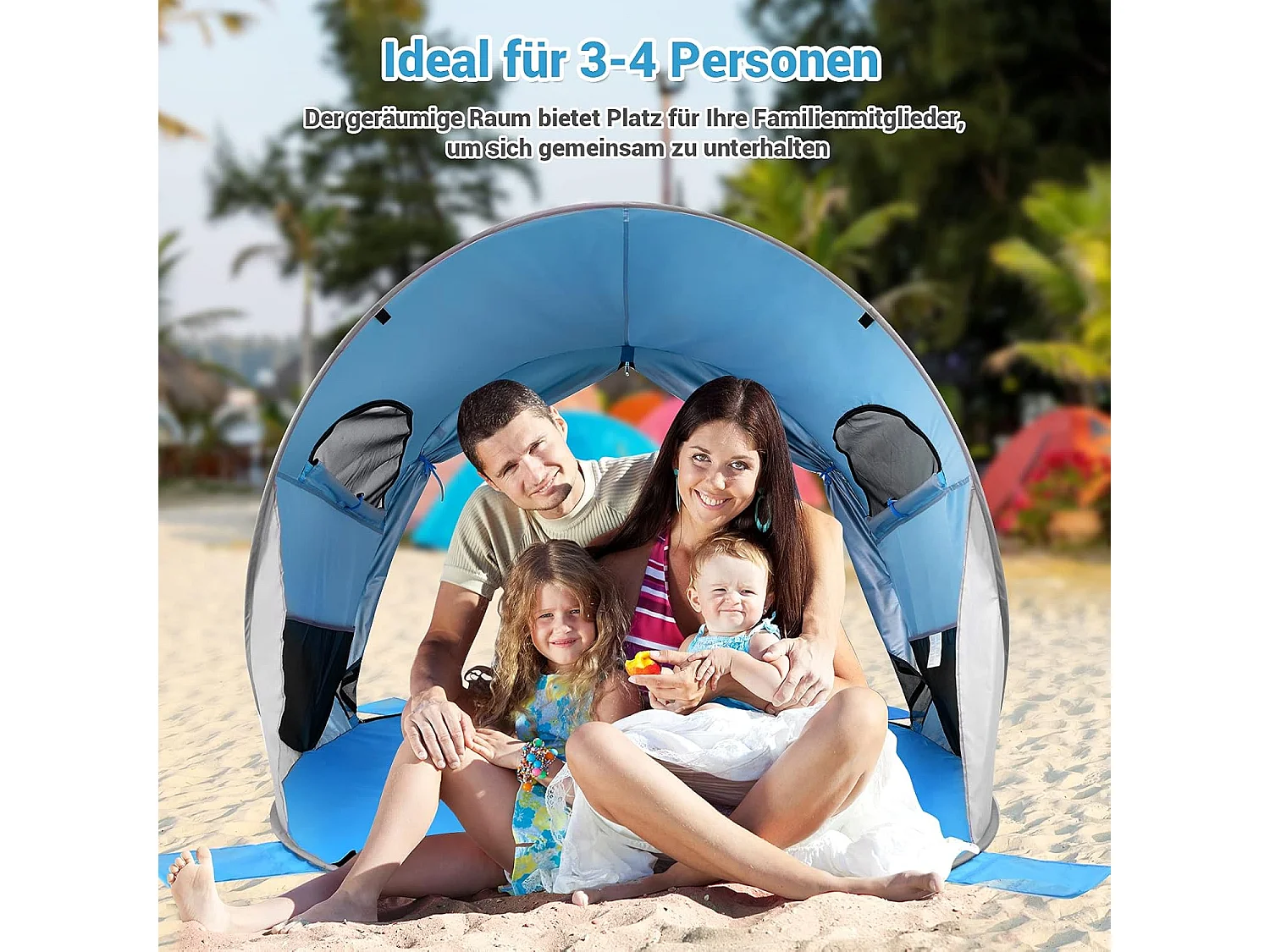 Pop-up strandschelptent voor 3-4 personen, zonwering, werptent met draagtas, 2 netramen en 4 zandzakken, automatisch, voor strand, tuin, camping, blauw SB33962