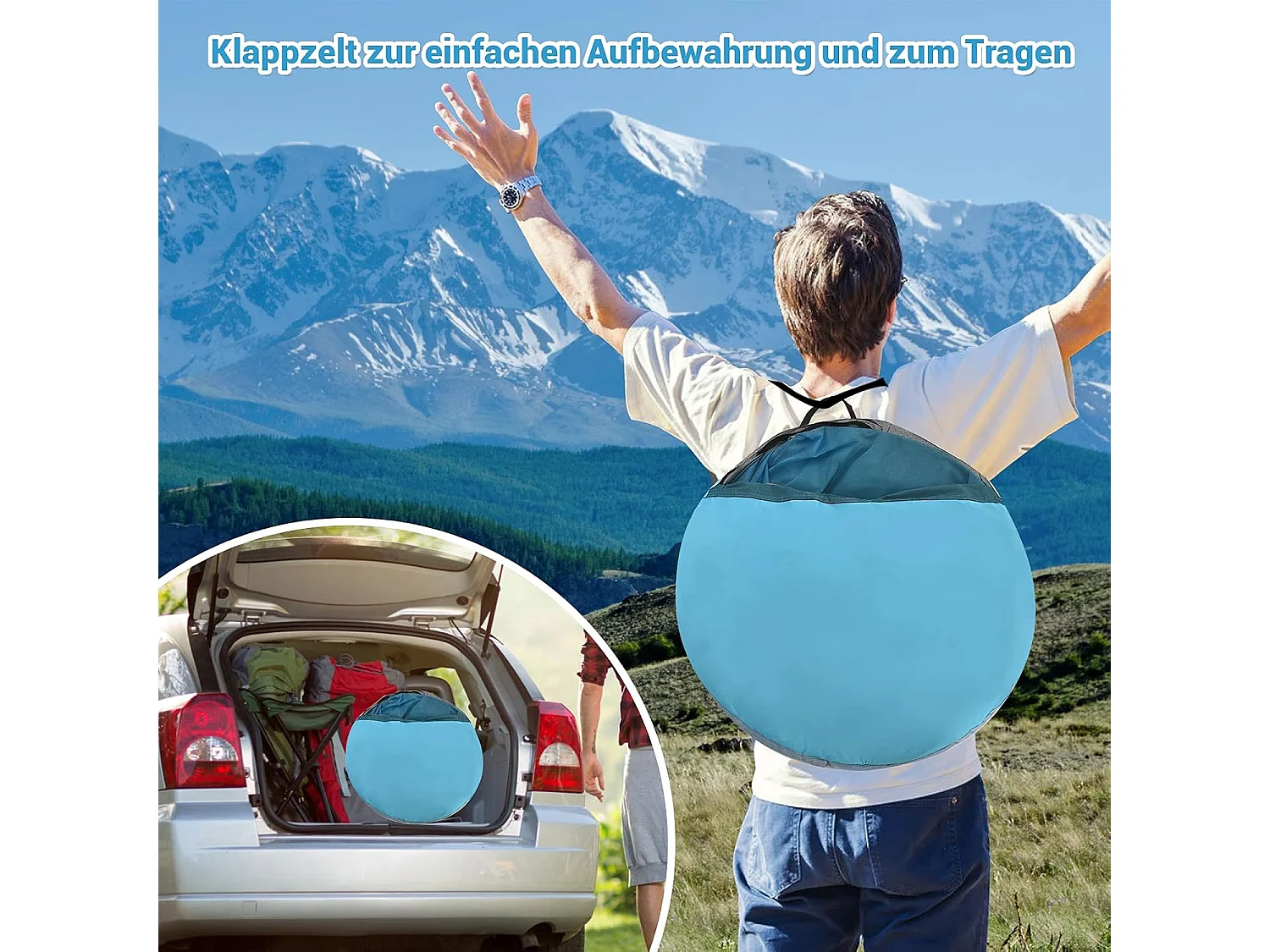 Pop-up strandschelptent voor 3-4 personen, zonwering, werptent met draagtas, 2 netramen en 4 zandzakken, automatisch, voor strand, tuin, camping, blauw SB33962