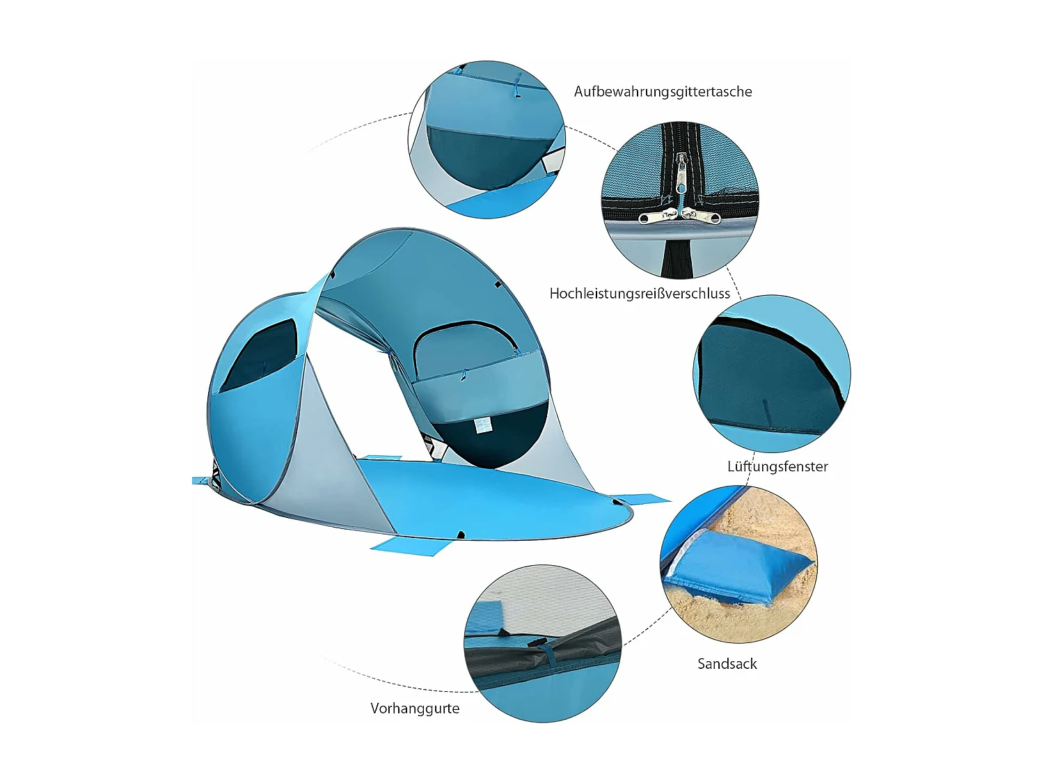 Pop-up strandschelptent voor 3-4 personen, zonwering, werptent met draagtas, 2 netramen en 4 zandzakken, automatisch, voor strand, tuin, camping, blauw SB33962