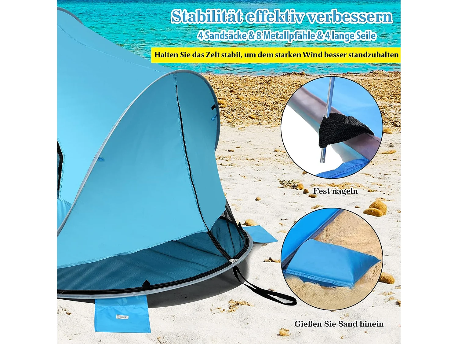 Pop-up strandschelptent voor 3-4 personen, zonwering, werptent met draagtas, 2 netramen en 4 zandzakken, automatisch, voor strand, tuin, camping, blauw SB33962