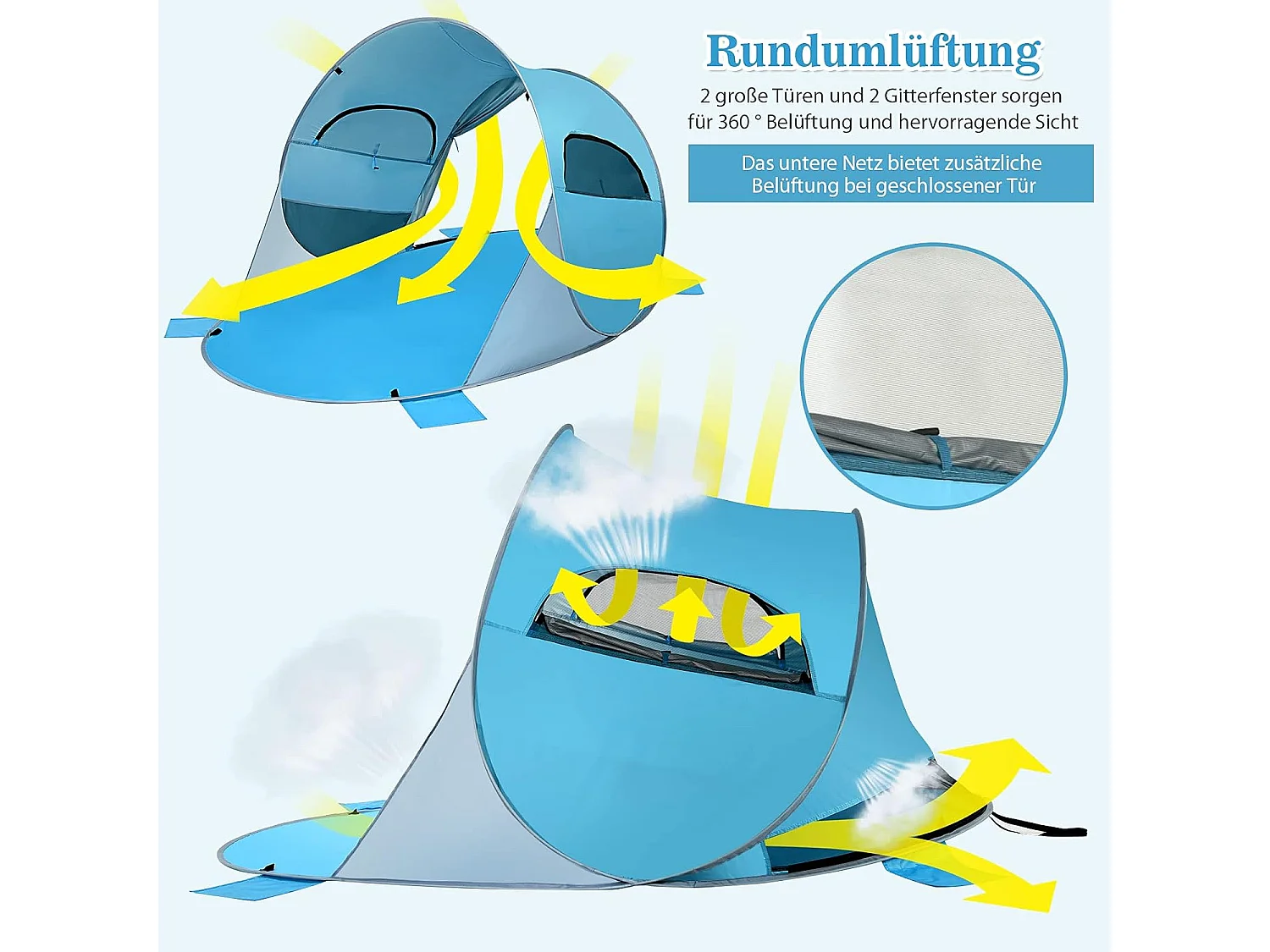 Pop-up strandschelptent voor 3-4 personen, zonwering, werptent met draagtas, 2 netramen en 4 zandzakken, automatisch, voor strand, tuin, camping, blauw SB33962