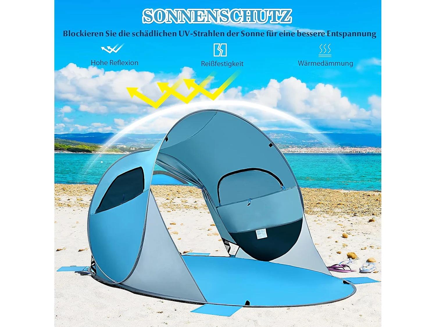 Pop-up strandschelptent voor 3-4 personen, zonwering, werptent met draagtas, 2 netramen en 4 zandzakken, automatisch, voor strand, tuin, camping, blauw SB33962