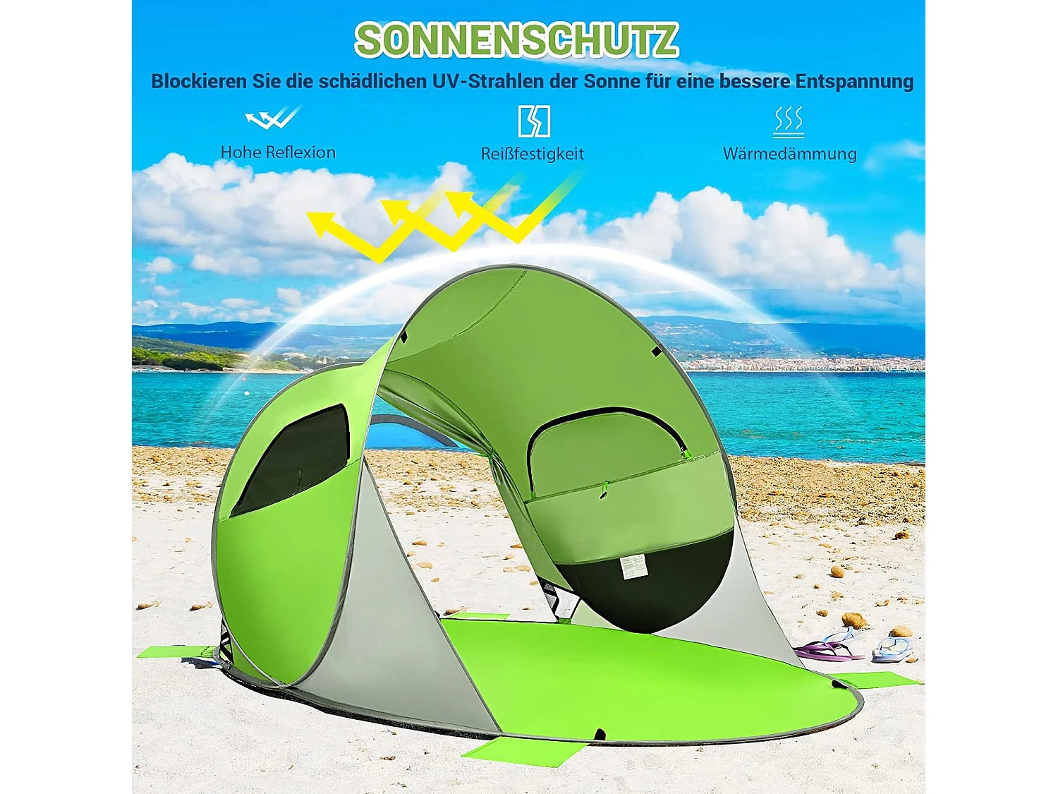 Pop-up strandschelptent voor 3-4 personen, zonwering, werptent met draagtas, 2 netramen en 4 zandzakken, automatisch, voor strand, tuin, camping, groen SB33962
