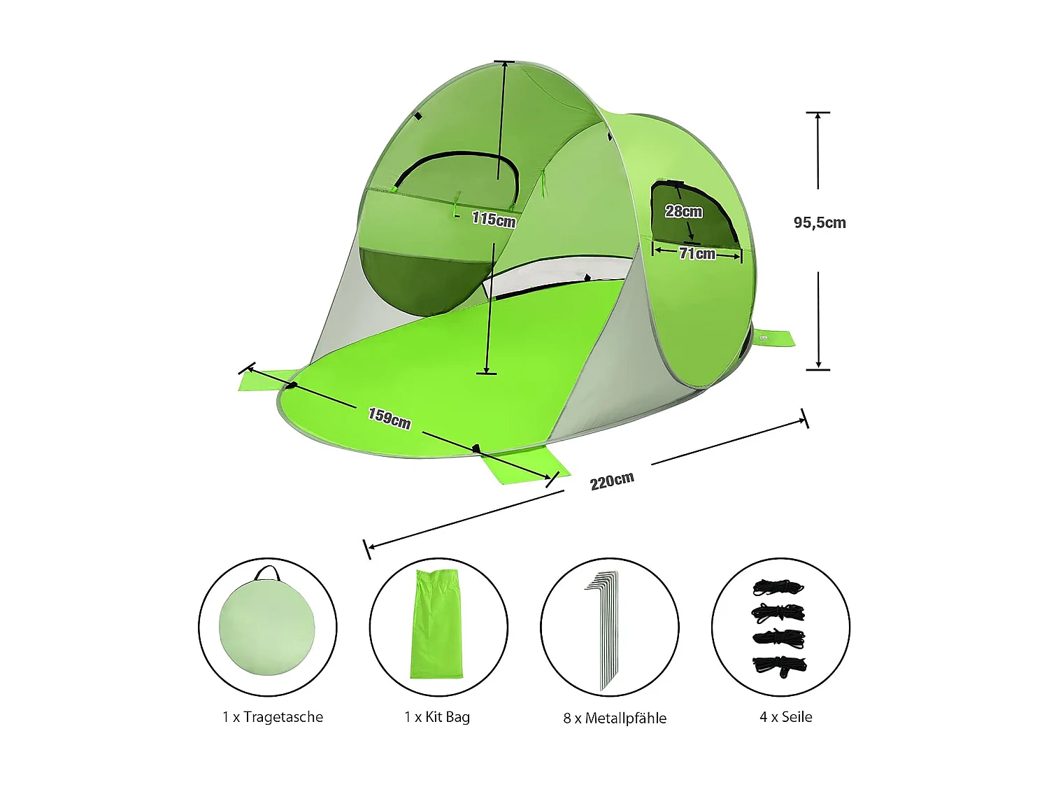 Pop-up strandschelptent voor 3-4 personen, zonwering, werptent met draagtas, 2 netramen en 4 zandzakken, automatisch, voor strand, tuin, camping, groen SB33962