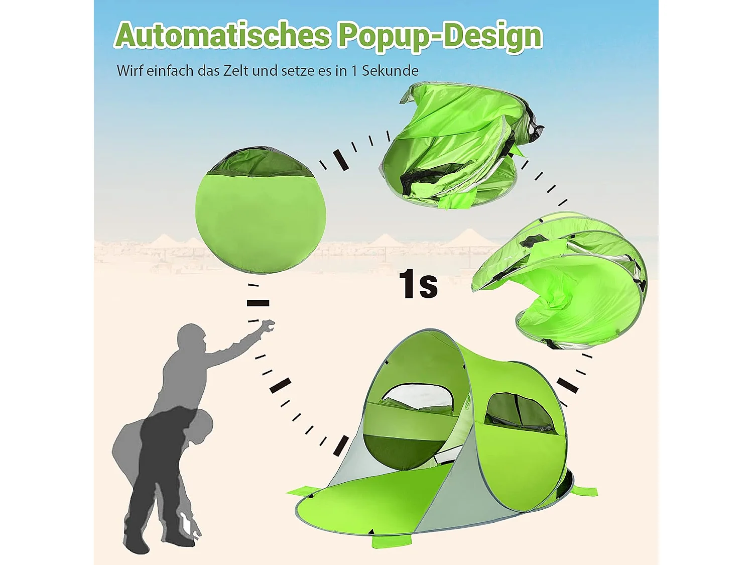 Pop-up strandschelptent voor 3-4 personen, zonwering, werptent met draagtas, 2 netramen en 4 zandzakken, automatisch, voor strand, tuin, camping, groen SB33962