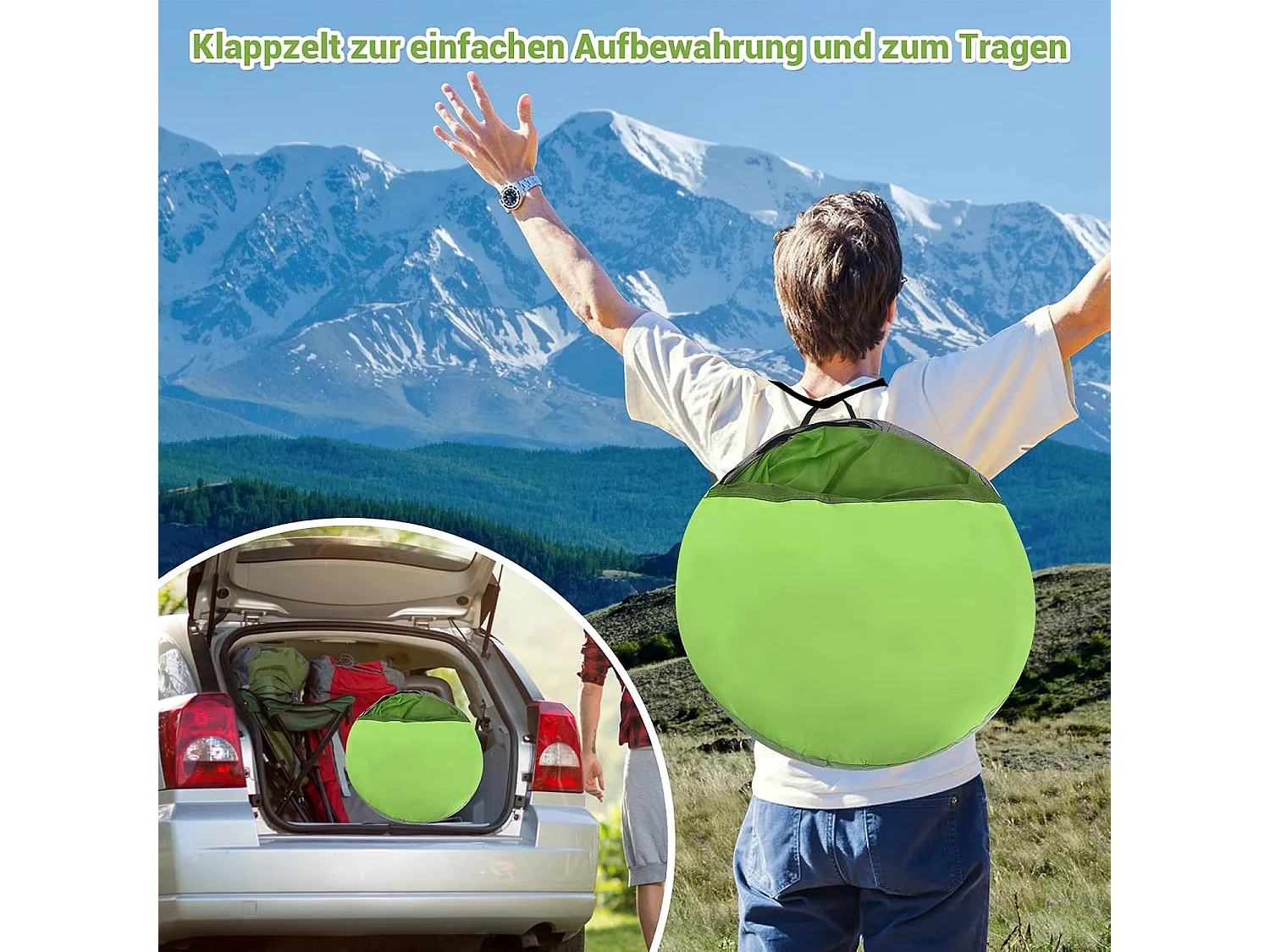 Pop-up strandschelptent voor 3-4 personen, zonwering, werptent met draagtas, 2 netramen en 4 zandzakken, automatisch, voor strand, tuin, camping, groen SB33962