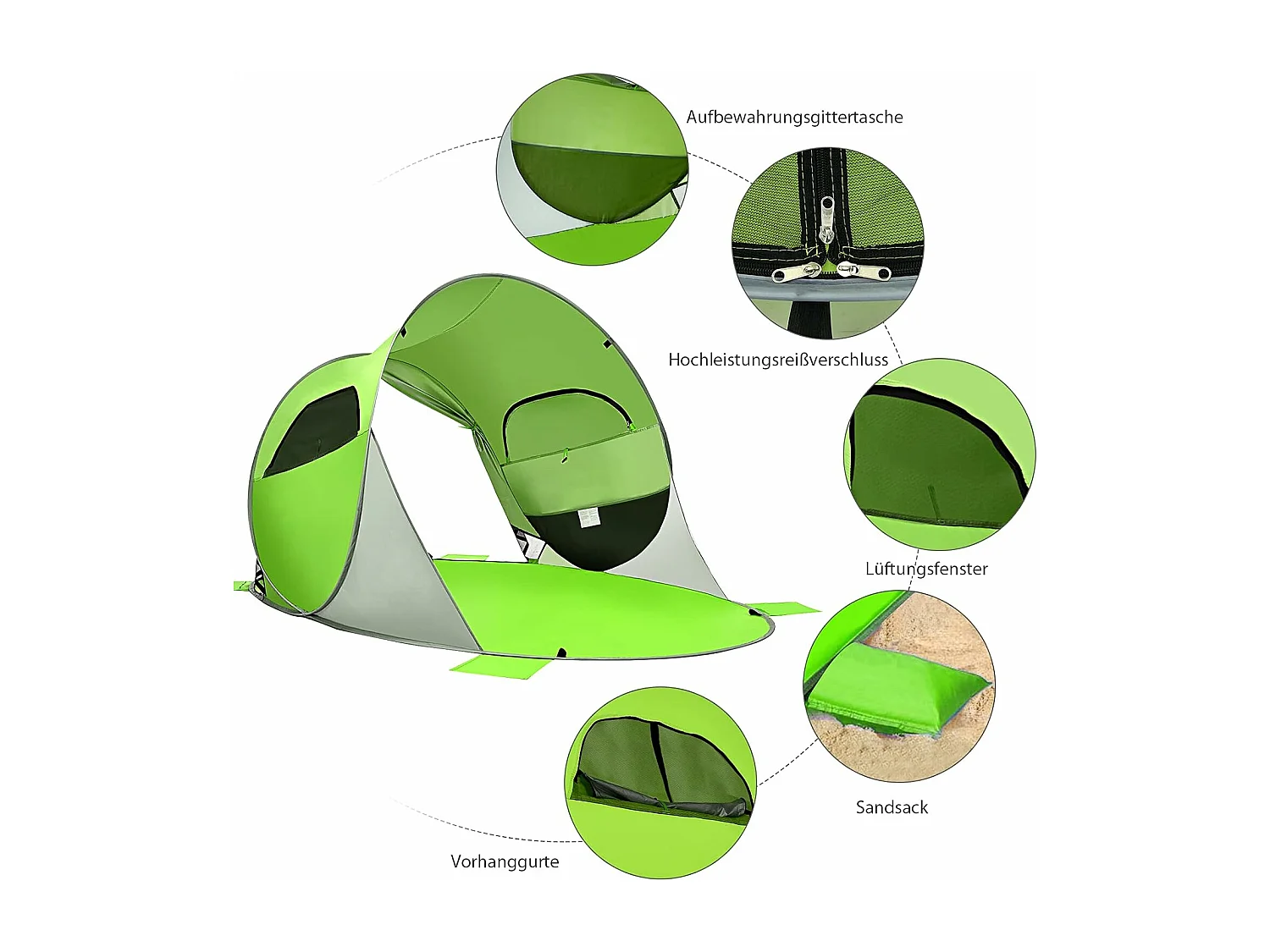 Pop-up strandschelptent voor 3-4 personen, zonwering, werptent met draagtas, 2 netramen en 4 zandzakken, automatisch, voor strand, tuin, camping, groen SB33962