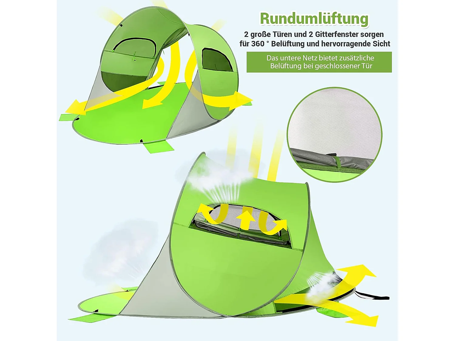 Pop-up strandschelptent voor 3-4 personen, zonwering, werptent met draagtas, 2 netramen en 4 zandzakken, automatisch, voor strand, tuin, camping, groen SB33962