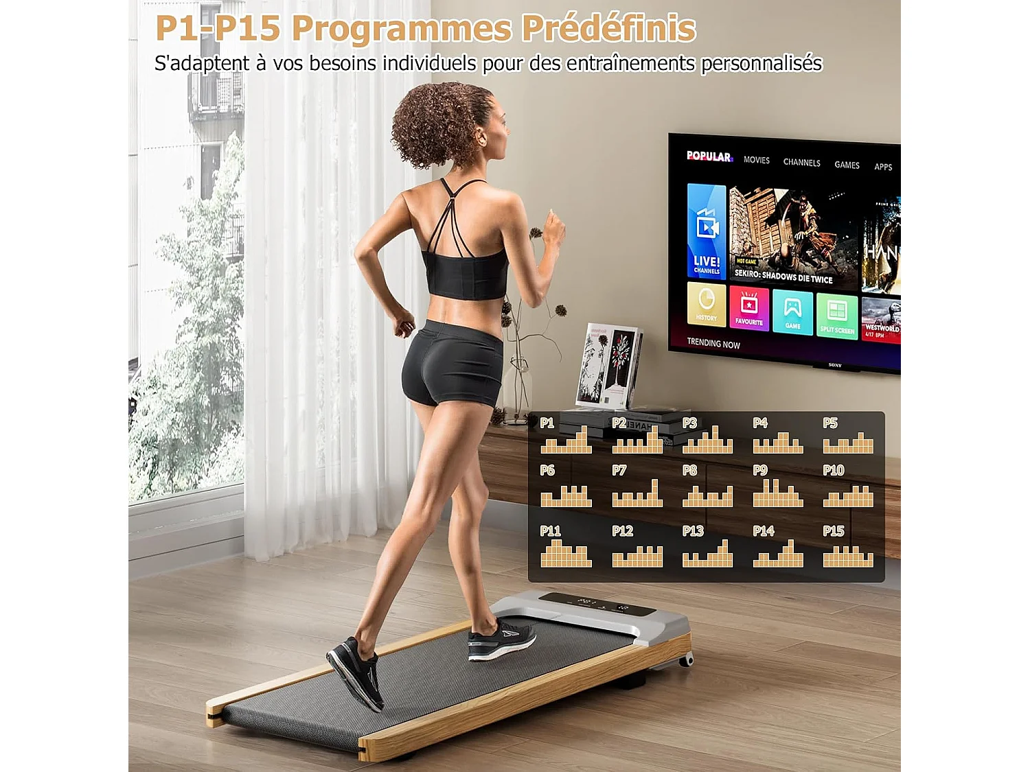 Tapis de Course Électrique 1 à 6 KM/H Moteur 2,25HP à roulettes Charge 120 kg, Tapis de Marche avec Télécommande Écran LED 15 Programmes, Gris