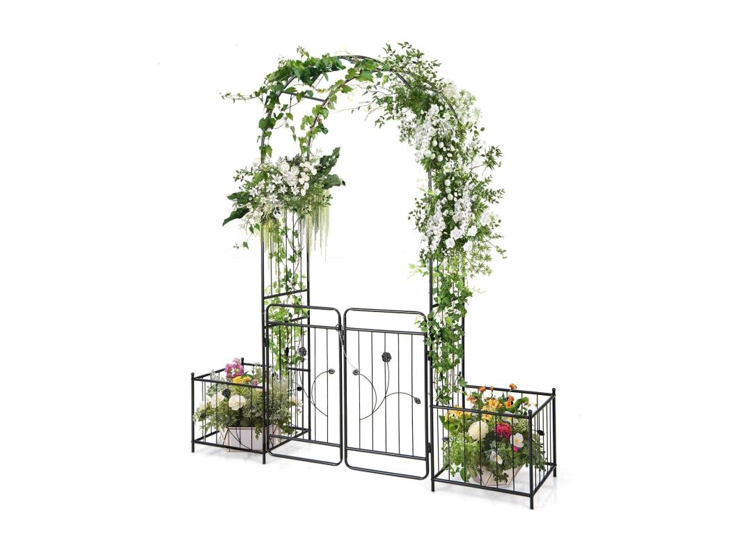 Rozenboog met deur, tuinboog van metaal, poortboog met 2 plantenbakken, klimboog voor klimplanten, klimhulp, rankrooster, rozenspellis, voor bruiloft, feesten, tuin, zwart, 202 x 50 x 220 cm SF6475
