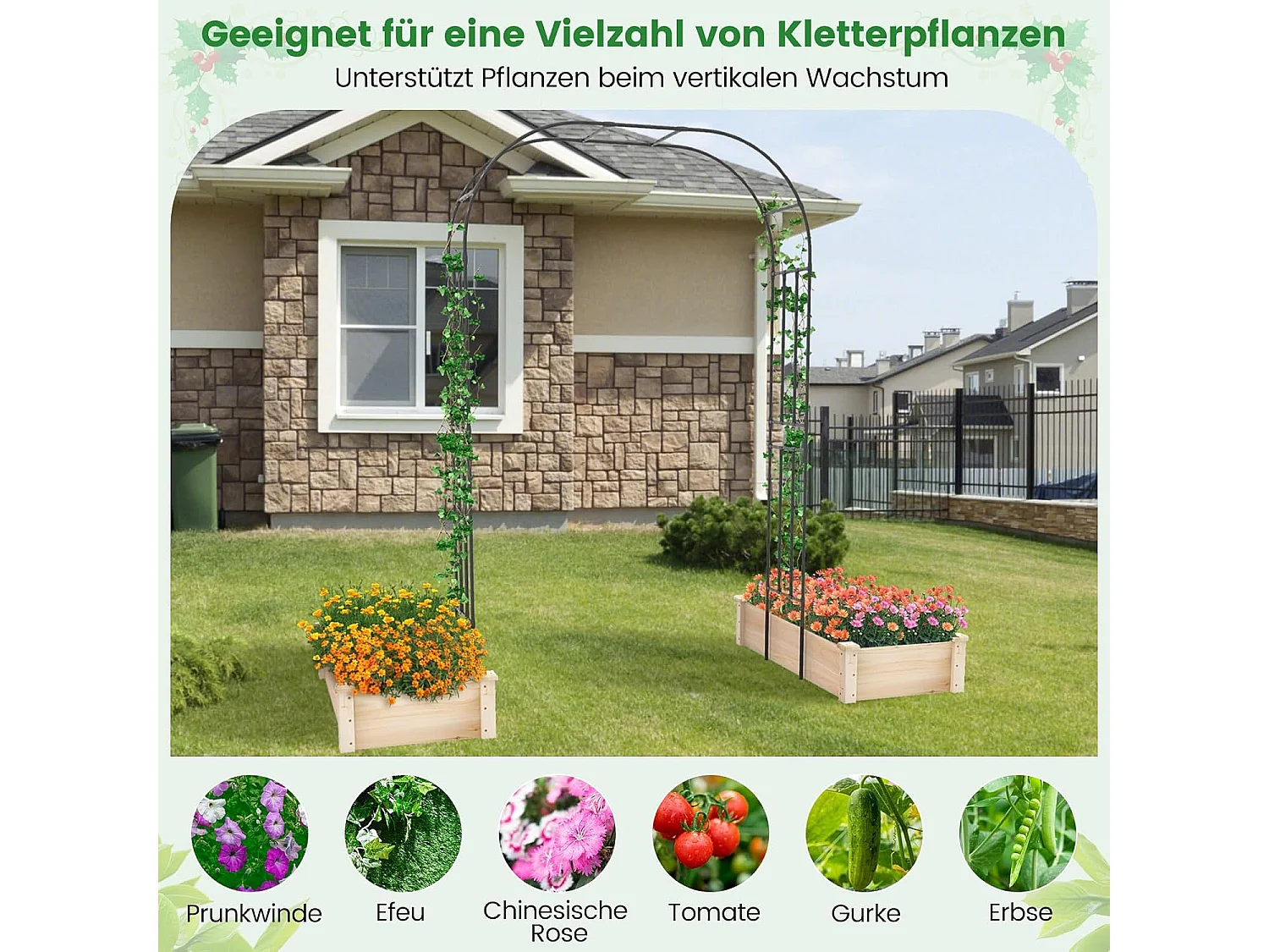Rozenboog van metaal, 240 x 153 x 40 cm, tuinboog voor klimplanten, poortboog, klimhulp, rankhulp, klimboog voor tuin, bruiloft, feest
