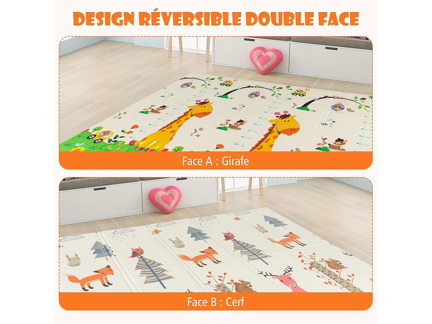 Tapis de Jeu Bébé Pliable 200x180x1,4cm avec Sac de Transport, Tapis de Sol XXL en XPE Imperméable et Réversible avec Motif Girafe & Cerf, Tapis d'éveil Double Face