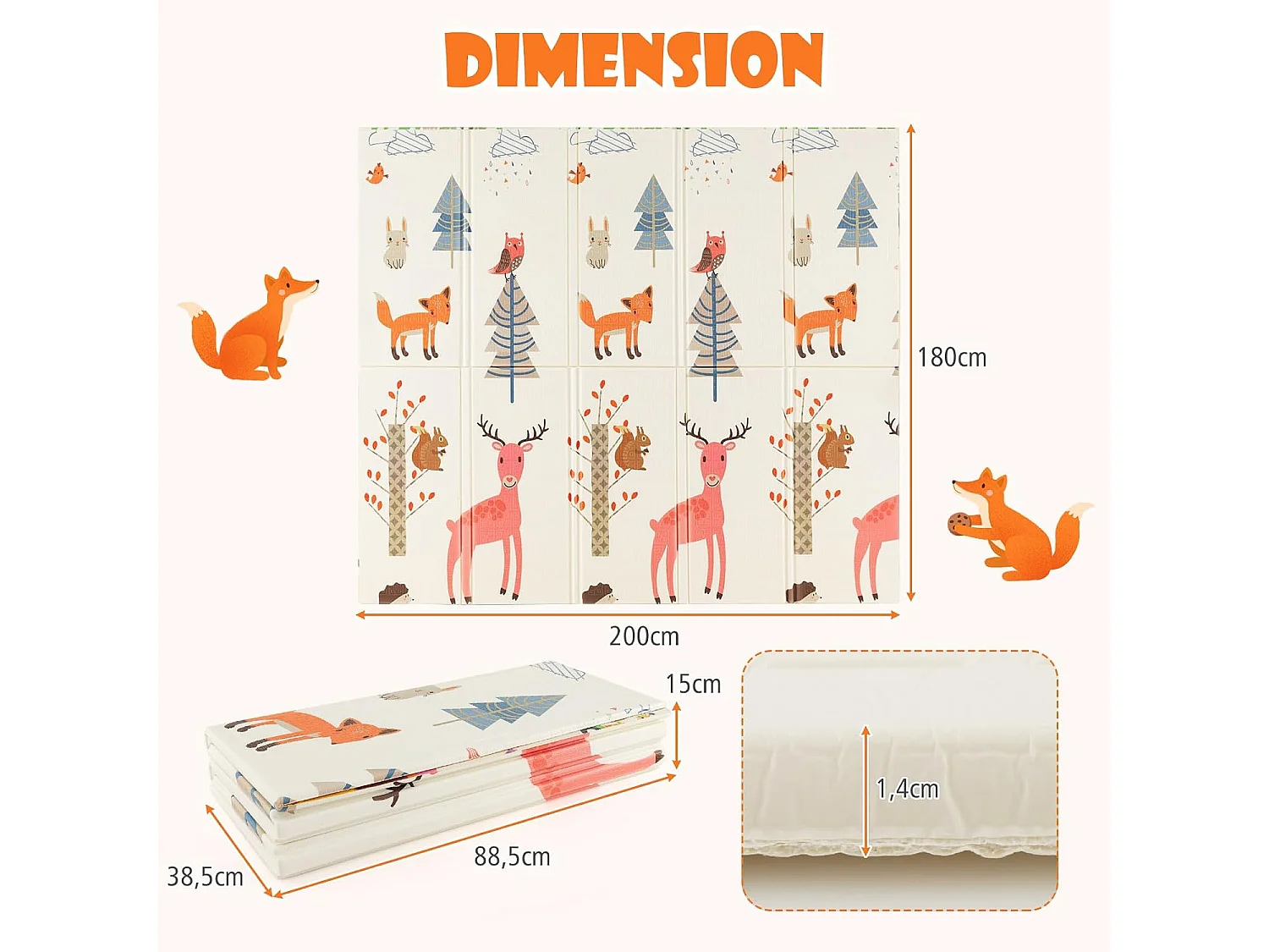 Tapis de Jeu Bébé Pliable 200x180x1,4cm avec Sac de Transport, Tapis de Sol XXL en XPE Imperméable et Réversible avec Motif Girafe & Cerf, Tapis d'éveil Double Face