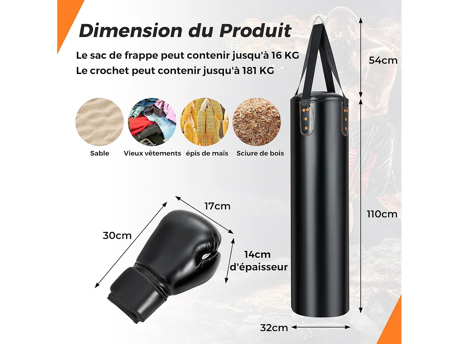 Ensemble Sac de Frappe 16KG avec Gants de Boxe 12oz, Accessoires Complet pour Entraînement de Boxe