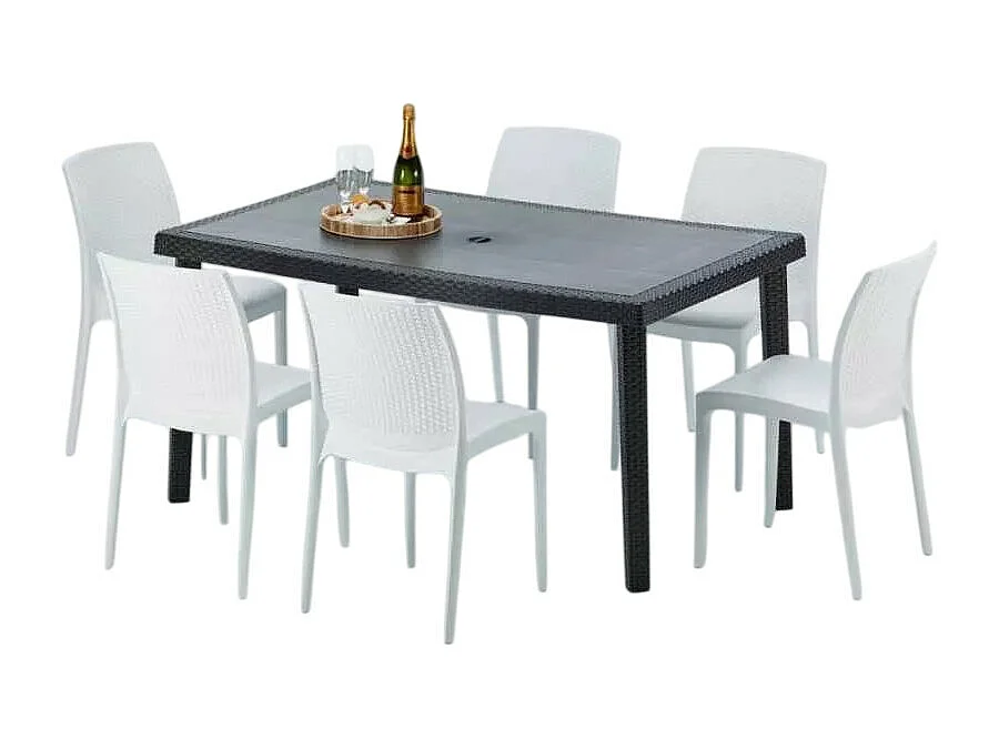 Poly Rattan Tisch Rechteckig mit 6 Bunten Polyrattan Stühlen 150x90 Schwarz