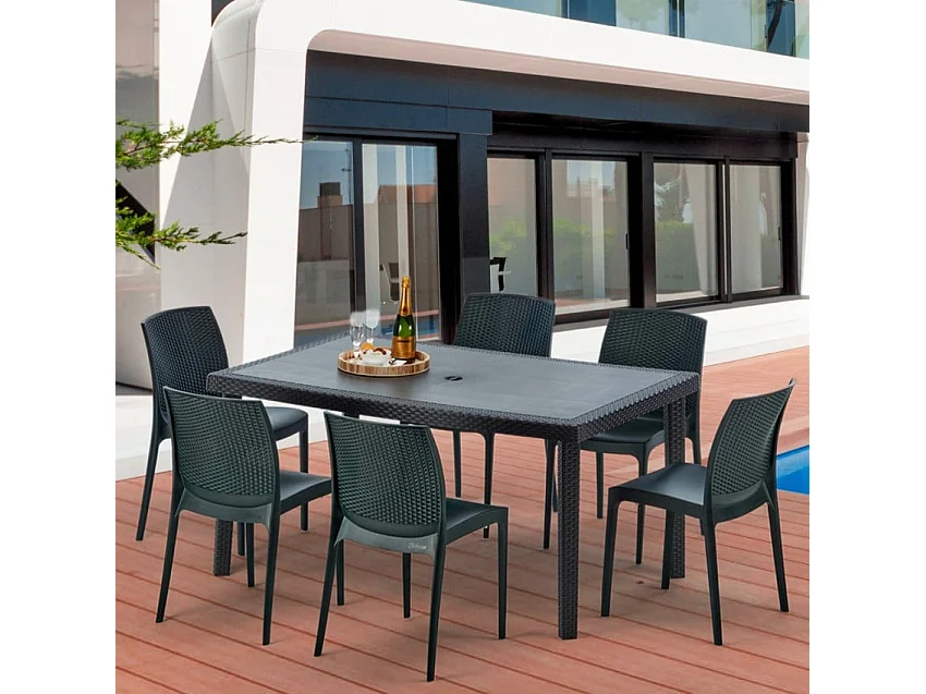Poly Rattan Tisch Rechteckig mit 6 Bunten Polyrattan Stühlen 150x90 Schwarz