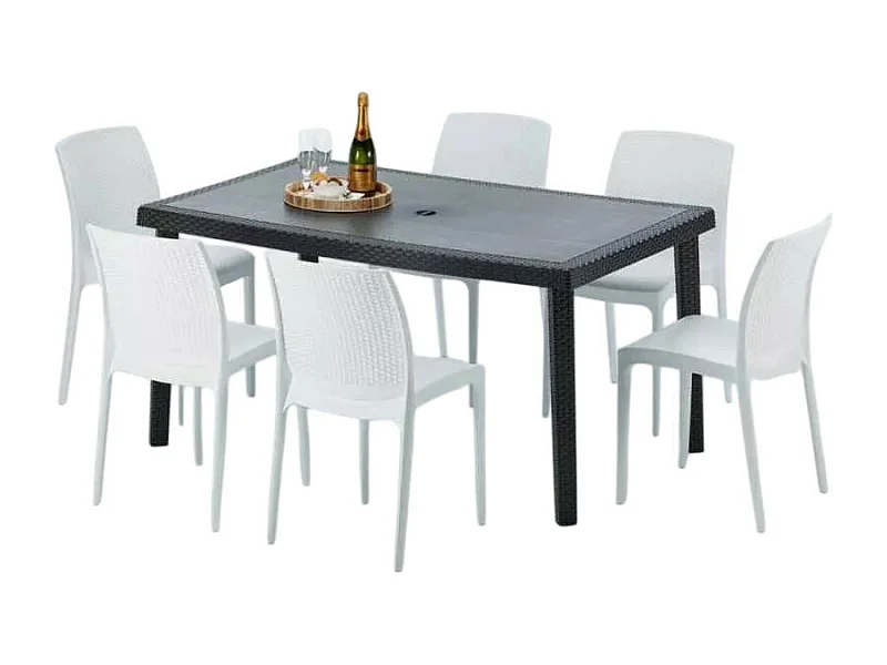 Poly Rattan Tisch Rechteckig mit 6 Bunten Polyrattan Stühlen 150x90 Schwarz