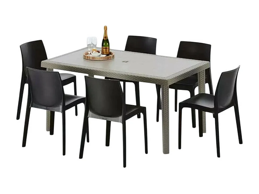 Polyrattan Tisch Rechteckig mit 6 Bunten Stühlen 150x90 Beige Marion