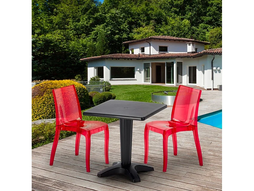 Schwarz Quadratisch Tisch und 2 Stühle Farbiges Polypropylen-Innenmastenset Grand Soleil Cristal Light Balcony - Transparent Rot