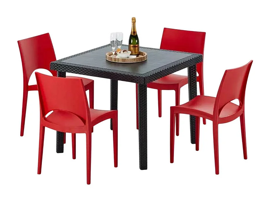 Schwarz Quadratisch Tisch und 4 Stühle Farbiges Polypropylen-Außenmastenset Grand Soleil Paris Passion - Rot