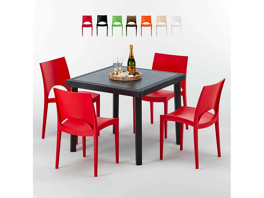 Schwarz Quadratisch Tisch und 4 Stühle Farbiges Polypropylen-Außenmastenset Grand Soleil Paris Passion - Rot