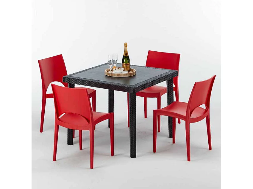 Schwarz Quadratisch Tisch und 4 Stühle Farbiges Polypropylen-Außenmastenset Grand Soleil Paris Passion - Rot