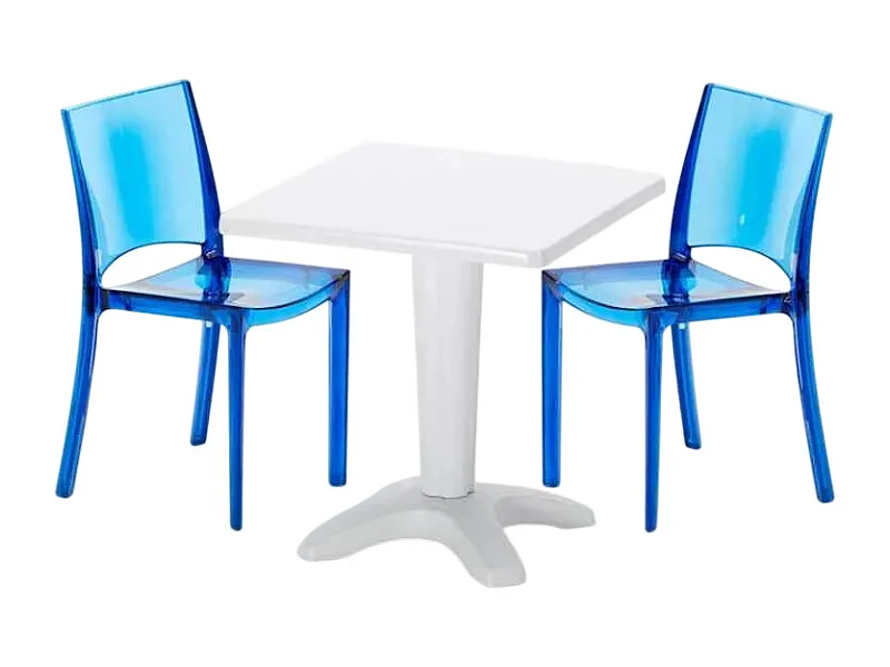 Tisch Quadratisch mit 2 Bunten Polycarbonat Outdoor Stühlen Grand Soleil Cafè