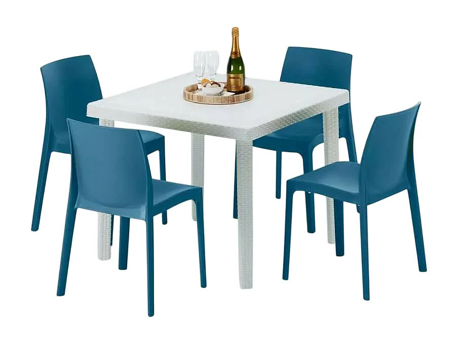 Weiß Quadratisch Tisch und 4 Stühle Farbiges Polypropylen-Außenmastenset Grand Soleil Rome Love - Blau