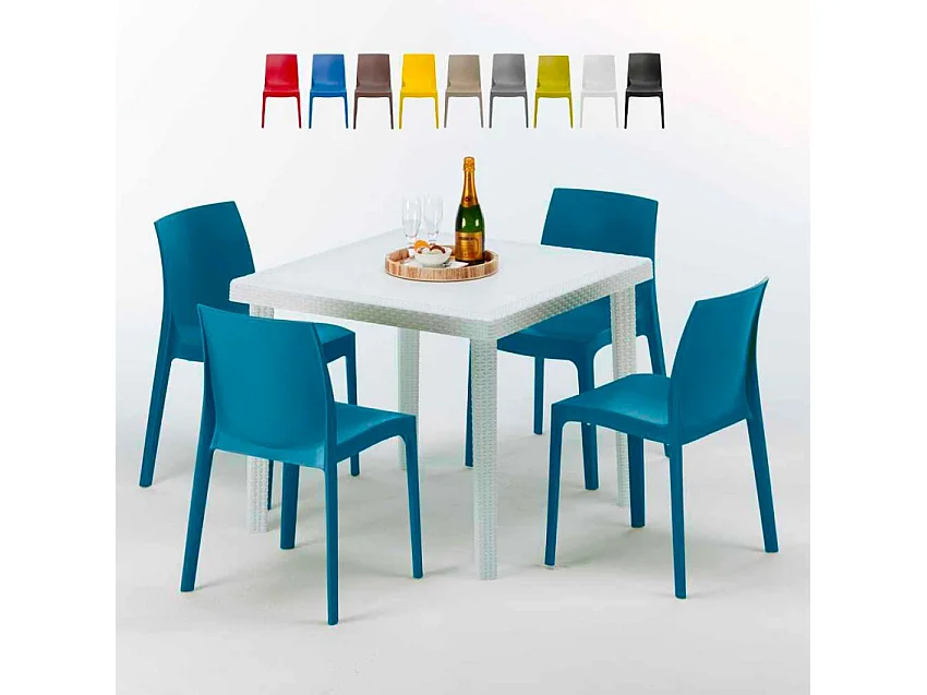 Weiß Quadratisch Tisch und 4 Stühle Farbiges Polypropylen-Außenmastenset Grand Soleil Rome Love - Blau